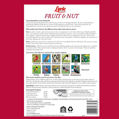 Lyric Fruit and Nut Wild Bird Seed - High Energy Wild Bird Food Mix - Attracts Woodpeckers