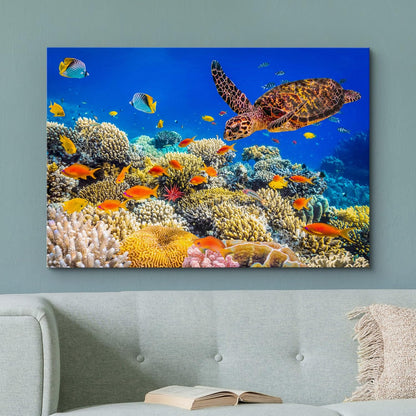 wall26 Canvas Print Wall Art Neon Coral Reef Blue Hippo Tang Fish Turtle Nature Animals Photography