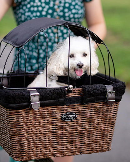 Travelin K9 Pet-Pilot MAX Wicker Bike Basket for Dogs/Cats - Includes Wire Cage Top w/Sun Shade +