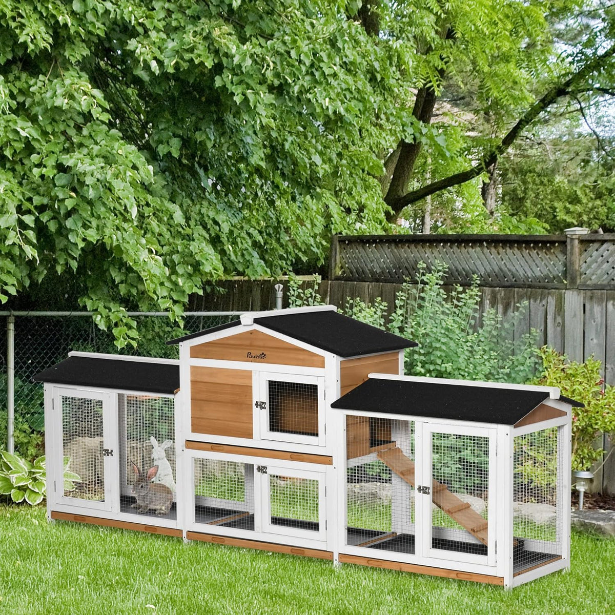 PawHut 90.5" Wooden Rabbit Hutch Bunny Cage Pet Playpen House Enclosure with Double Side Run Boxes
