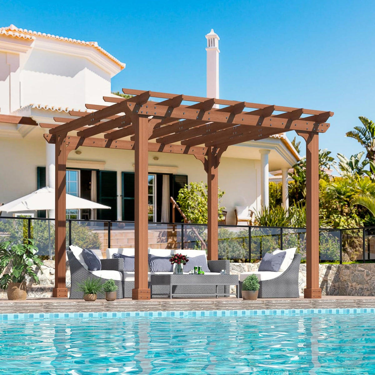 MUPATER 10×10 FT Wooden Pergola with Roof, Wood Pergola Kit with Stakes, Outdoor Shelter Structure