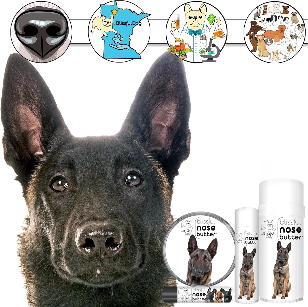 The Blissful Dog Belgian Malinois Nose Butter for Dry, Cracked Skin, Lick-Safe Dog Nose Balm with