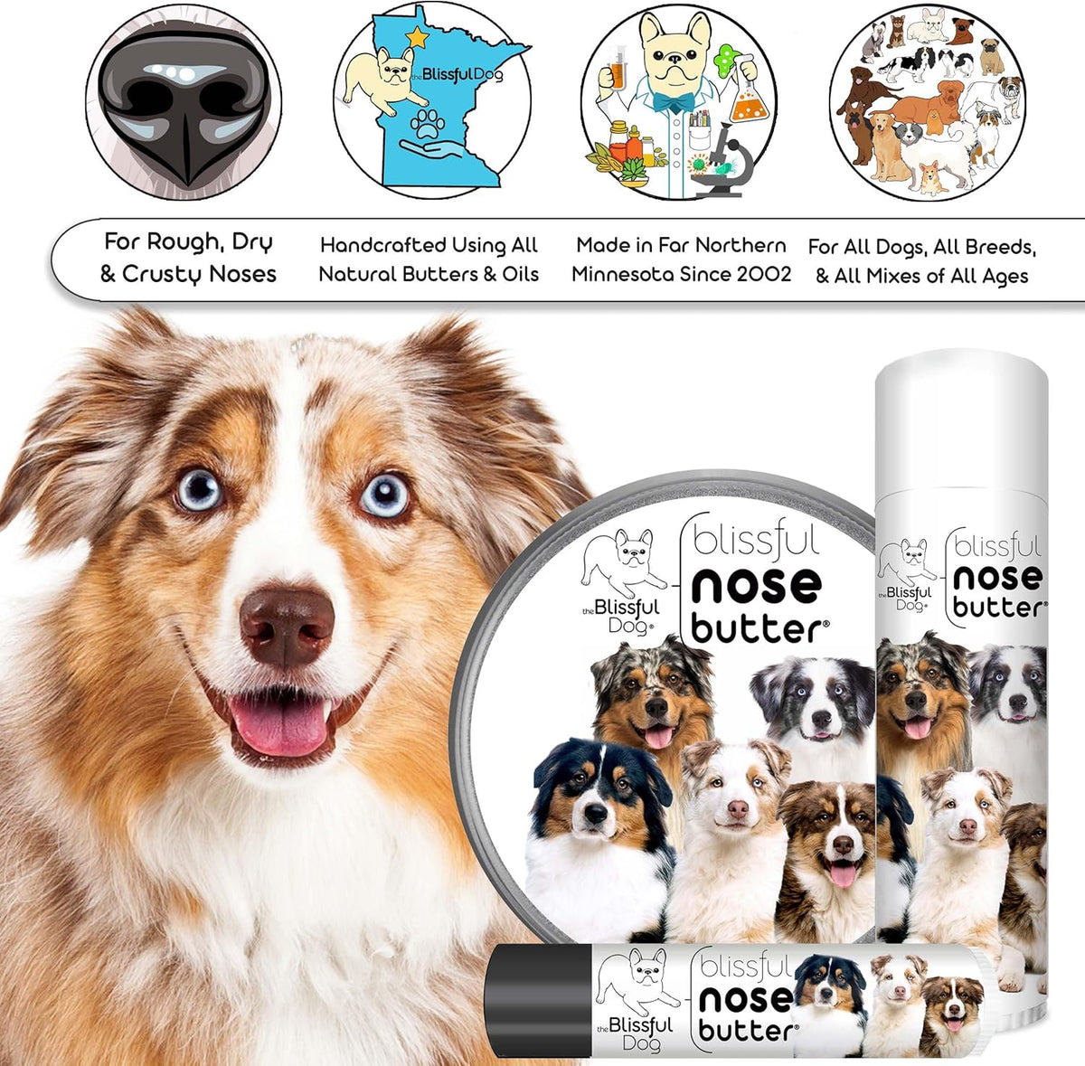 The Blissful Dog Australian Shepherd Nose Butter for Dry, Cracked Skin, Lick-Safe Dog Nose Balm