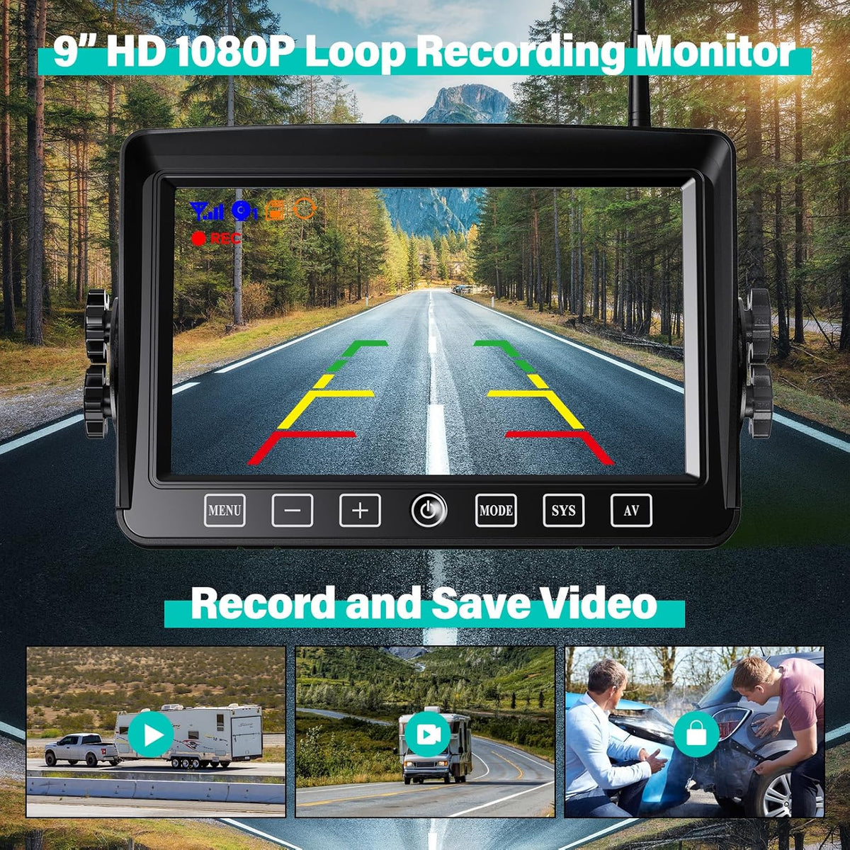 Wireless Backup Camera, 9 Inch HD 1080P Loop Recording Monitor with 2 Rear View Camera System for