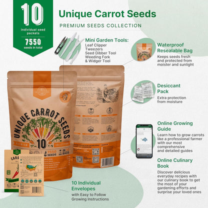 Organo Republic 10 Unique Carrot Seeds Variety Pack - 7,550+ Non-GMO Heirloom Carrot Seeds for