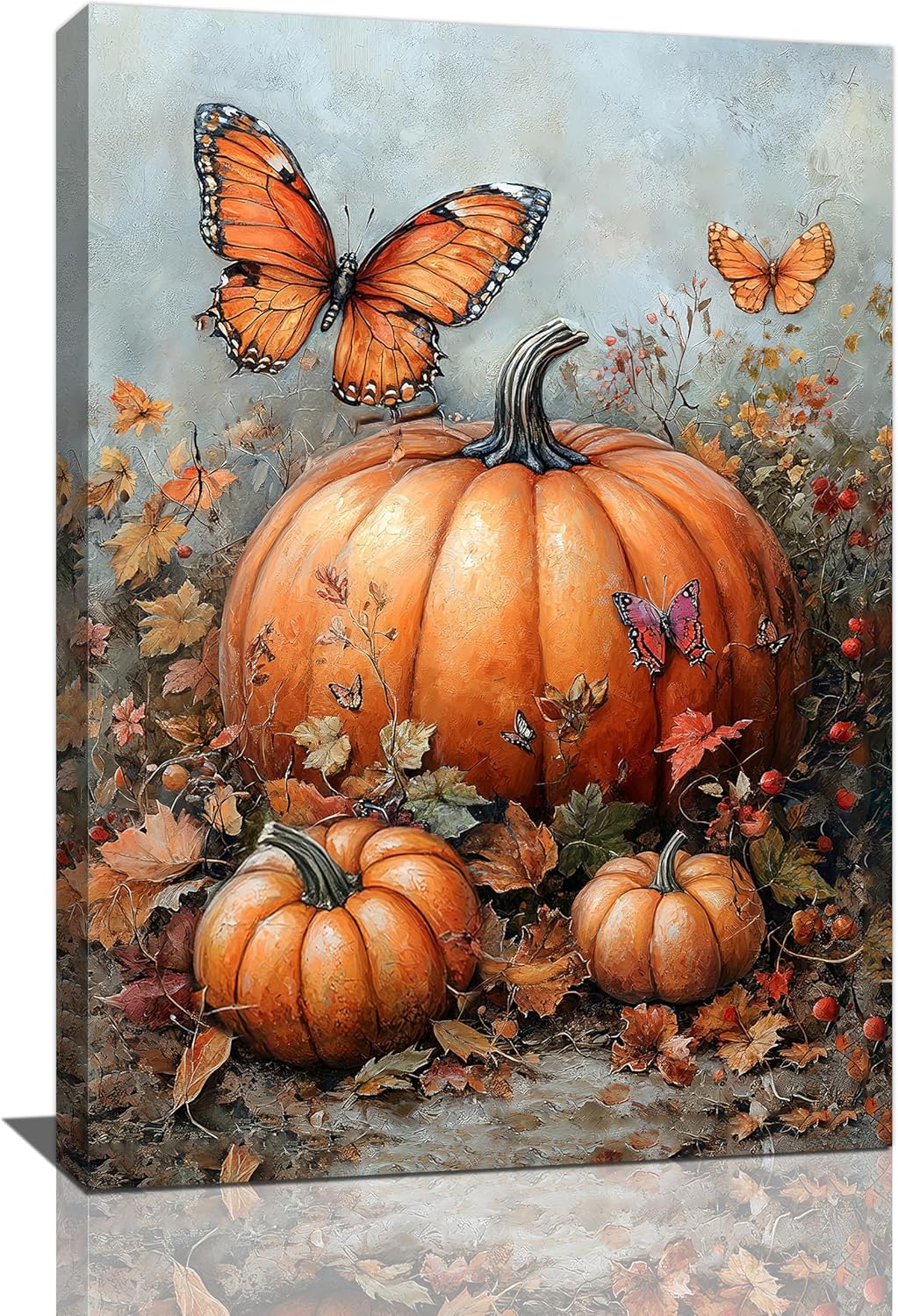 Fall Pumpkin Pictures Wall Art, Rustic Thanksgiving Bathroom Wall Decor, Farmhouse Autumn Butterfly