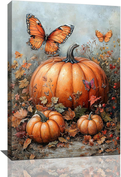 Fall Pumpkin Pictures Wall Art, Rustic Thanksgiving Bathroom Wall Decor, Farmhouse Autumn Butterfly