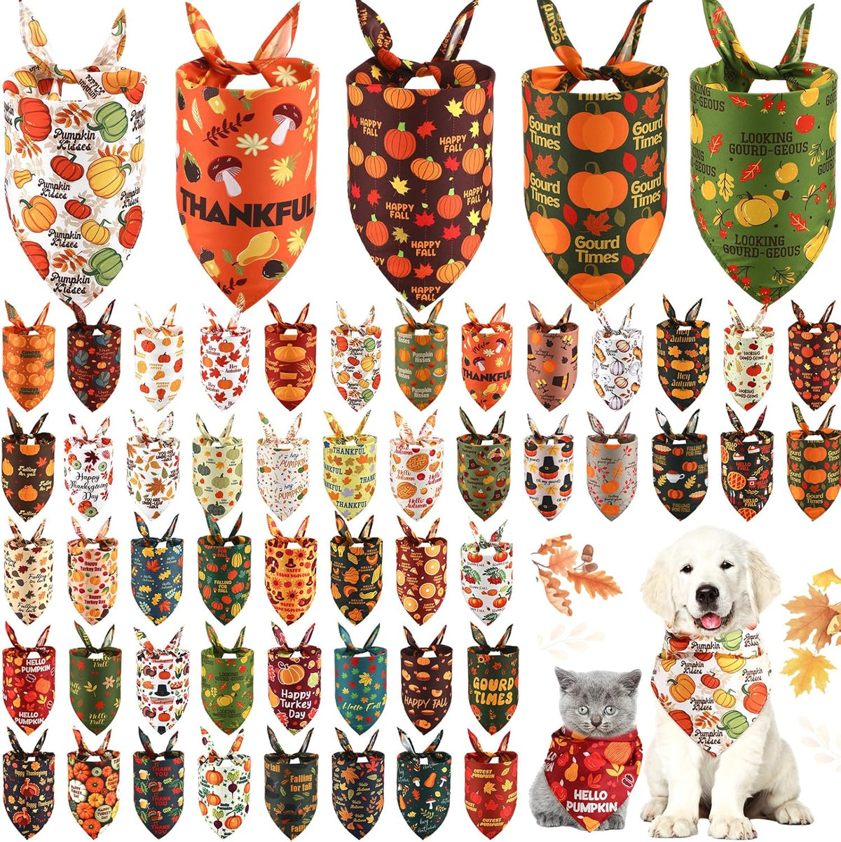 Abbylike 50 Pcs Fall Dog Bandanas Bulk Pet Scarfs Triangle Bibs Adjustable Washable Puppy Kerchief