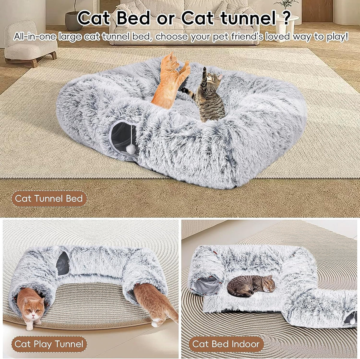 Extra Large Cat Tunnel Bed, 4 Ways Tunnels for Indoor Cats, Multi-cat Family Peekaboo Cave & Cat