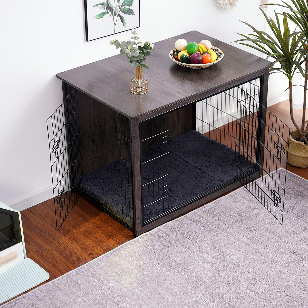 DWANTON Dog Crate Furniture with Cushion, Wooden Kennel Table with Double Doors, Indoor Dog House