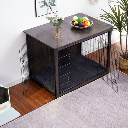 DWANTON Dog Crate Furniture with Cushion, Wooden Kennel Table with Double Doors, Indoor Dog House