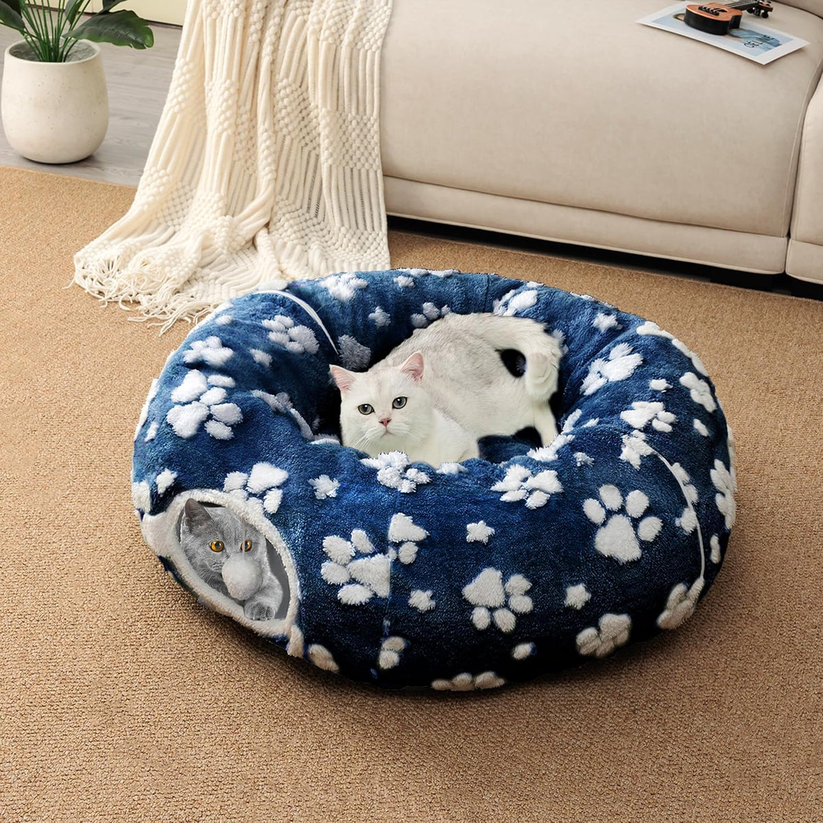 Cat Tunnel for Indoor Cats, Cute Peekaboo Cat Cave with Dangling Balls, Pet Donut Tunnel Bed with