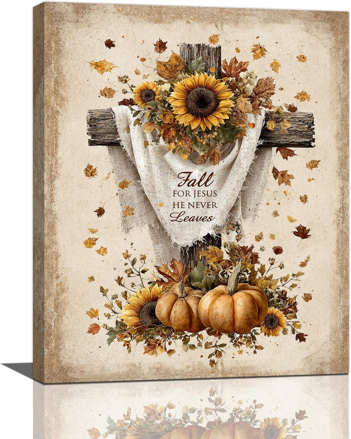 Christian Fall Wall Art Autumn Rustic Cross Sunflower Pumpkin Wall Decor Fall for Jesus He Never