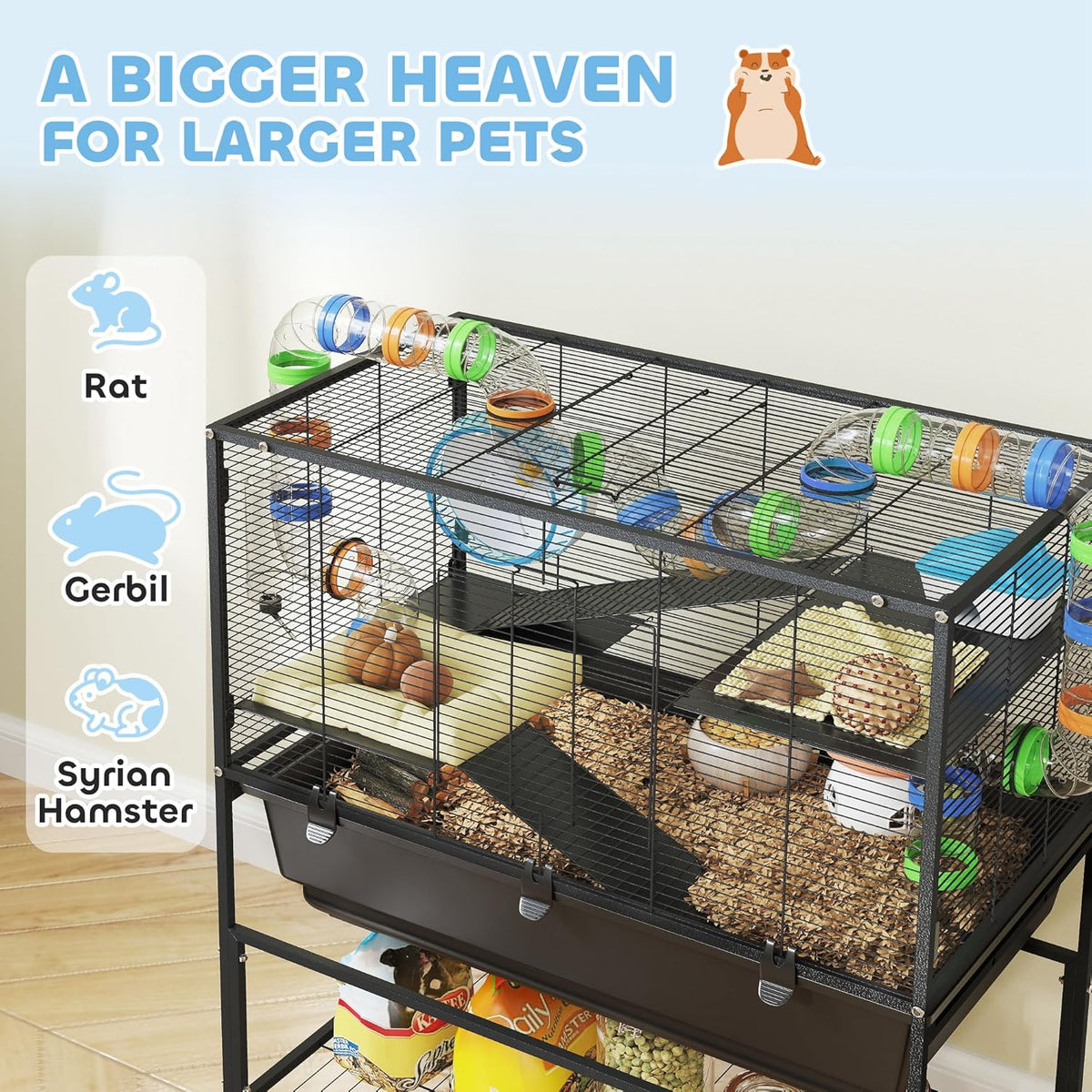 PawHut Hamster Cage with Deep Tray, 3 Tier Rolling Rat Cage with Storage Shelf, Big Exercise Wheel