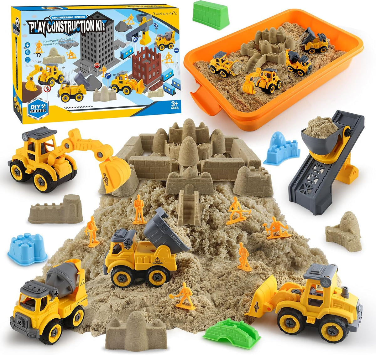 Construction Sandbox with Lid - 4 Vehicles with 1 Conveyor, 8 Castle Molds, 6 Figures & 3lbs