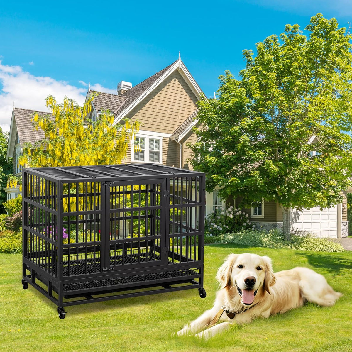 JY QAQA 48/38 Inch Heavy Duty Indestructible Dog Crate Double Doors Escape Proof Cage