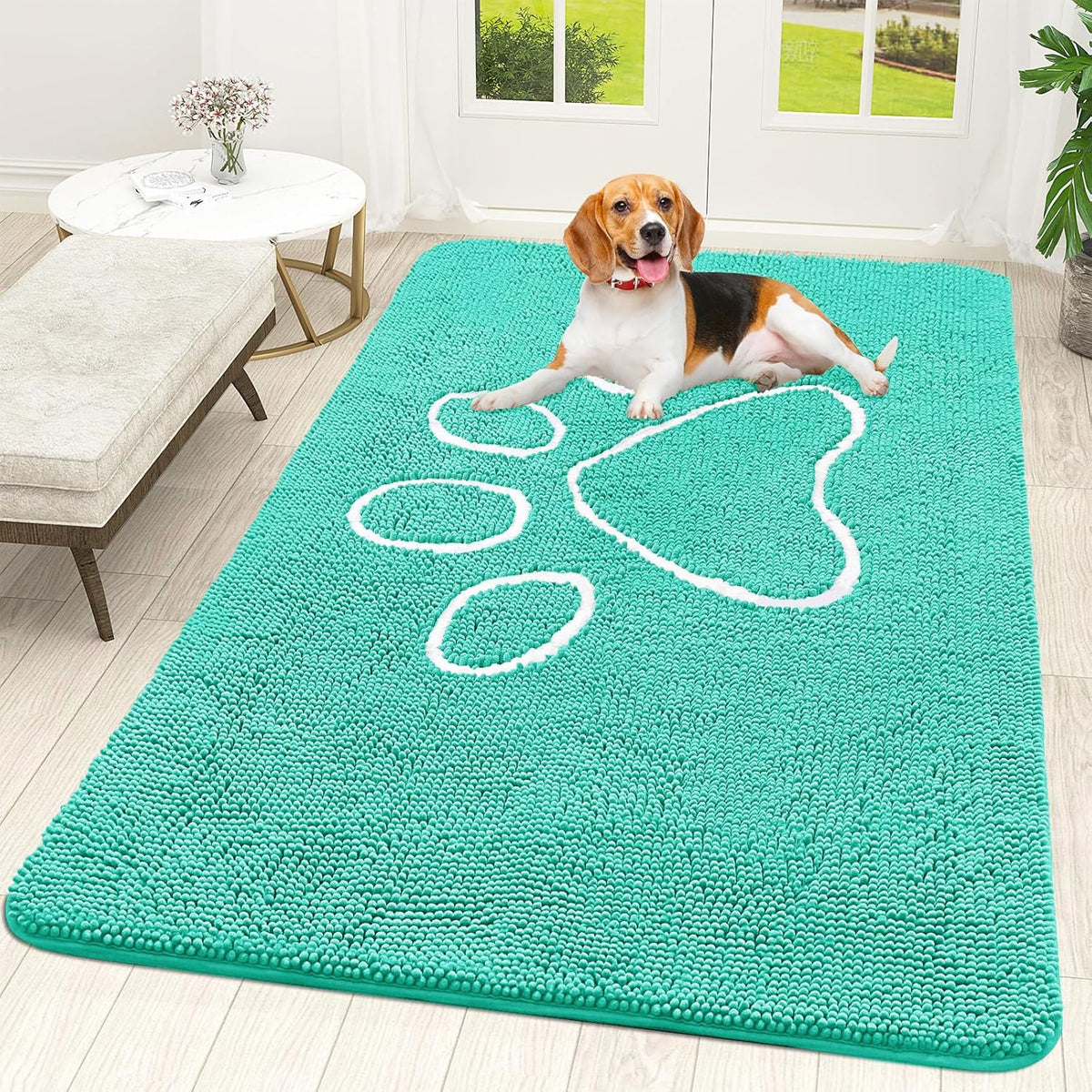 OLANLY Door Mat for Muddy Dog Paws 59x35, Ultra Absorbent Chenille Mud Doormat with Paw Print