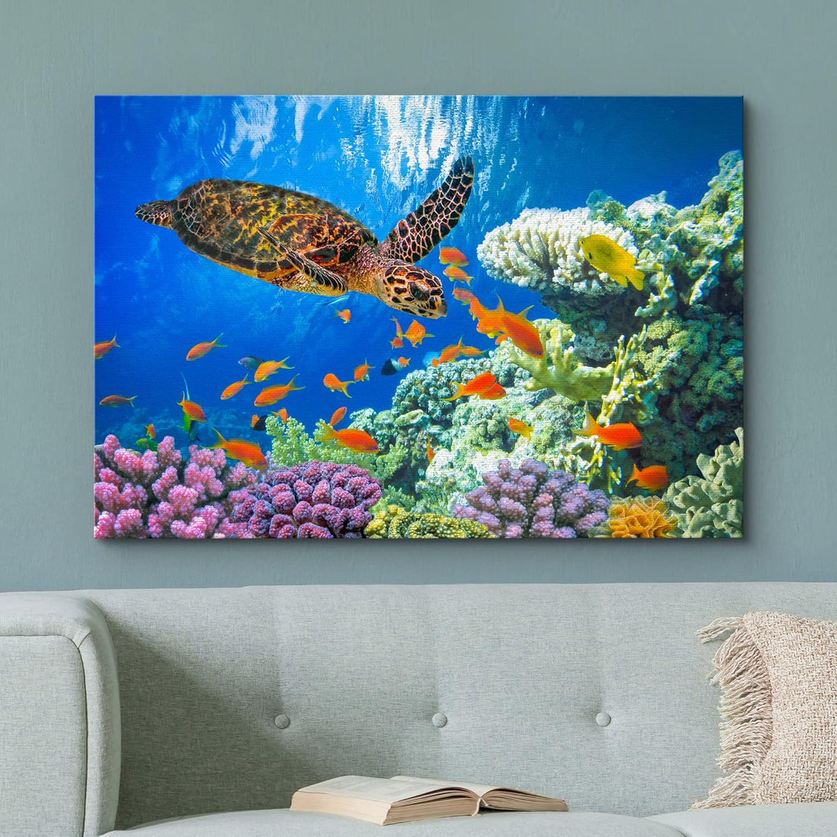 wall26 Canvas Print Wall Art Vibrant Neon Underwater Turtle, Reef & Fish Nature Animals Photography
