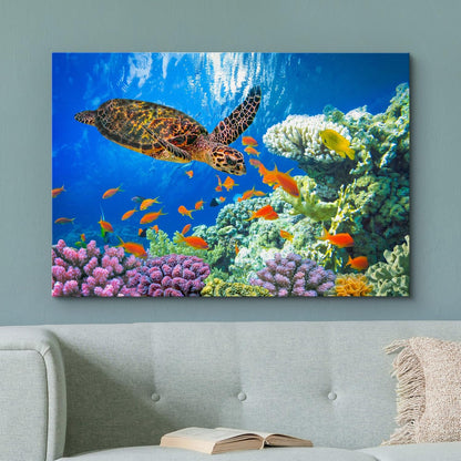 wall26 Canvas Print Wall Art Vibrant Neon Underwater Turtle, Reef & Fish Nature Animals Photography