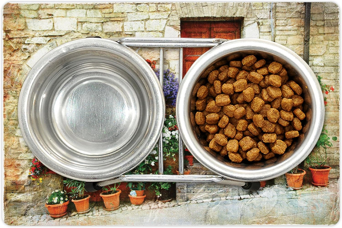 Lunarable Tuscan Pet Mat for Food and Water, Colorful Flowers Outside Home in Italian Hilltown