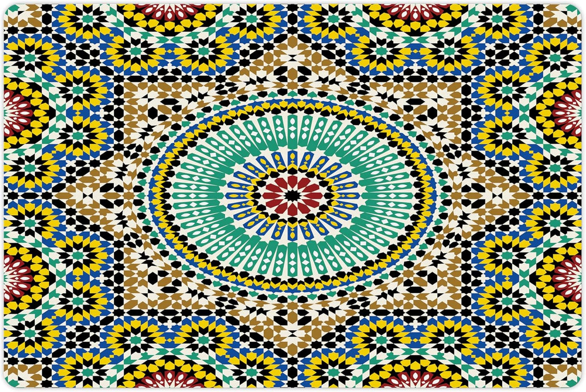 Lunarable Moroccan Pet Mat for Food and Water, Architectural Glaze Wall Tile Ceramic Historical