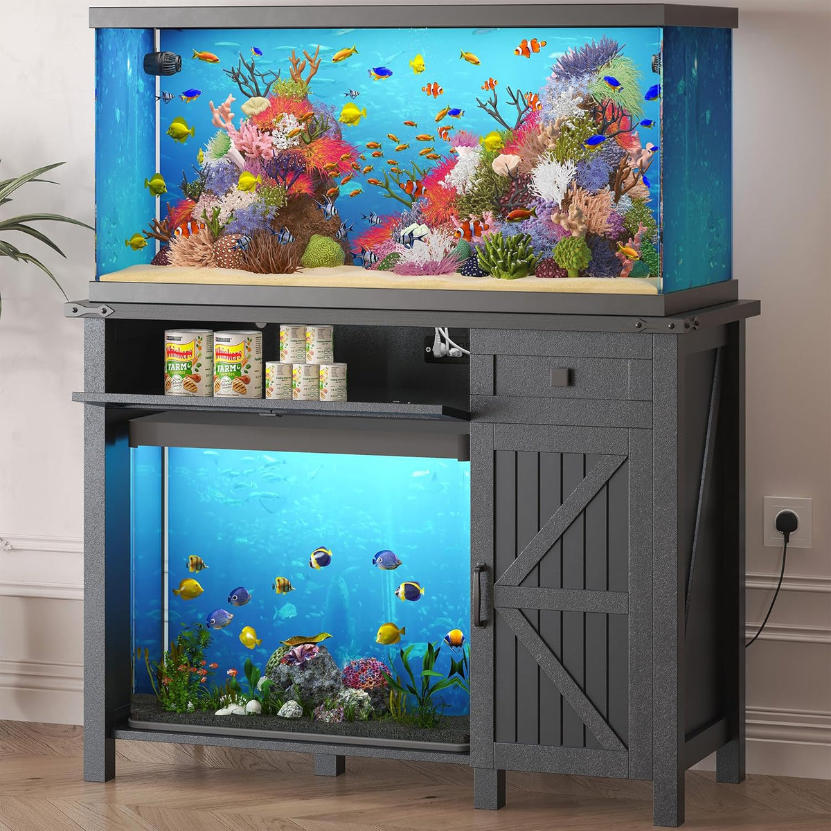 40 Gallon Aquarium Stand With Charging Station, Farmhouse Fish Tank Stand, Reptile Tank Stand