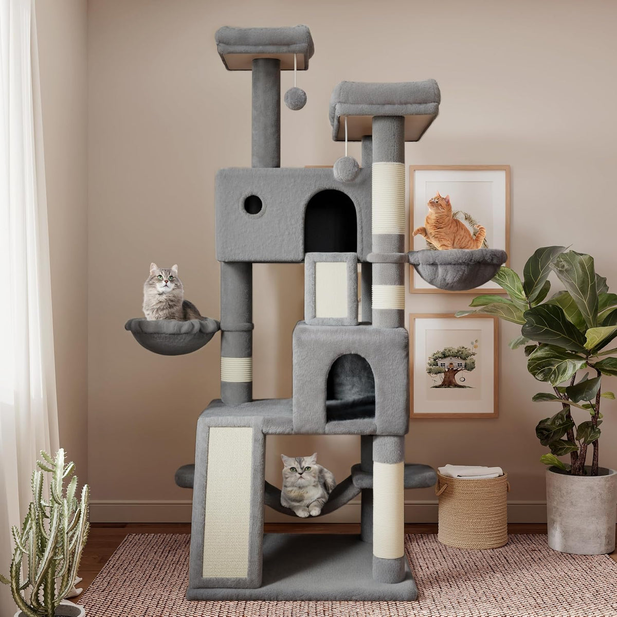 SHA CERLIN 65in Larger Cat Tree Tower Condo for Indoor Kitties/Multi-Level Furniture Activity