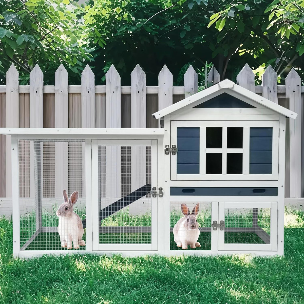 GARWOOD Large Outdoor Indoor Rabbit Hutch Wooden Bunny Rabbit Cage 2-Story with Run No-Leak