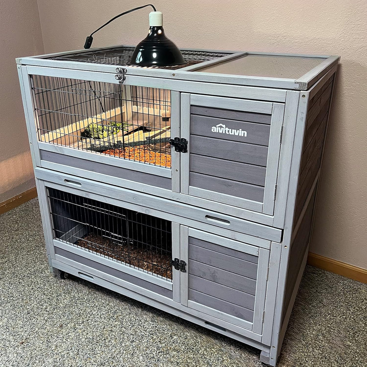 Rabbit Hutch Indoor Outdoor Bunny Hutch Pull Out Tray Guinea Pig Cage with Bottom Wire-Netting, On