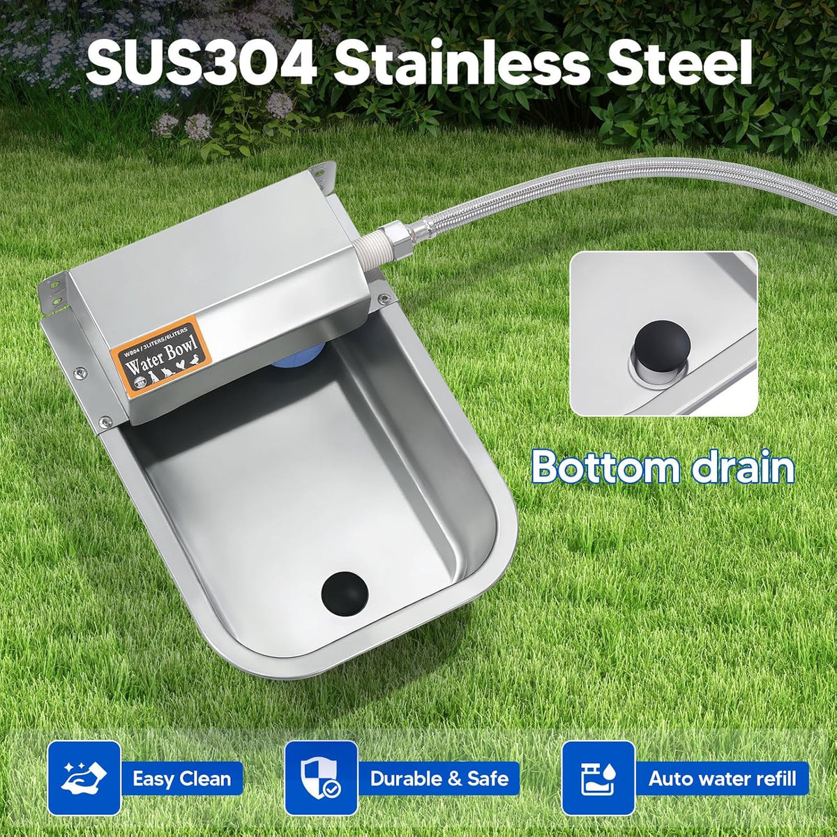 Automatic Water Dispenser for Dog, 3L Dog Water Bowl Dispenser, Stainless Steel Indoor/Outdoor
