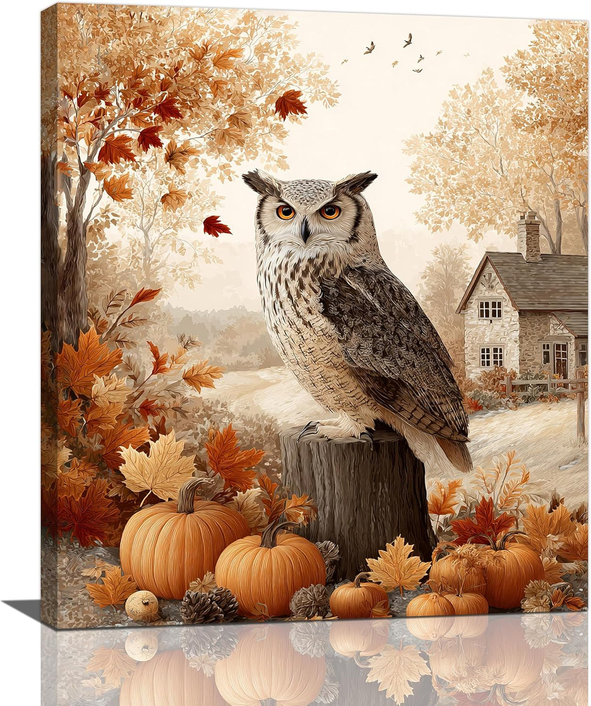 Fall Owl Wall Art Autumn Pumpkin Leaves Wall Decor Rustic Canvas Print Farmhouse Pictures Painting