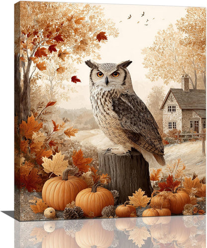 Fall Owl Wall Art Autumn Pumpkin Leaves Wall Decor Rustic Canvas Print Farmhouse Pictures Painting