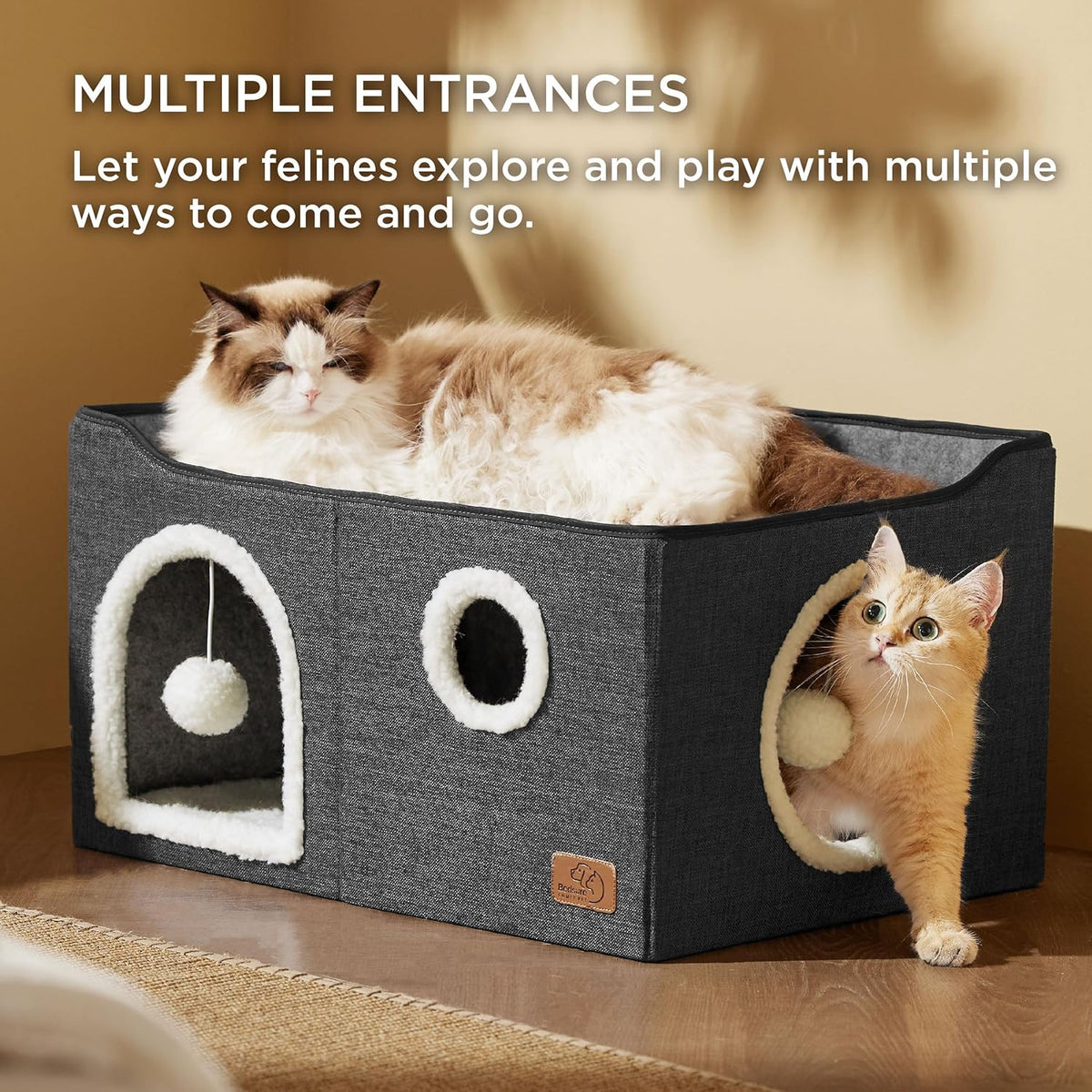 Bedsure Large Cat Beds for Indoor Cats - Extra Wide Cat Cube House for Small Pet with Fluffy Ball