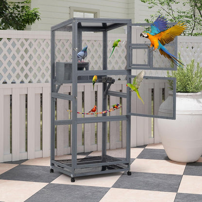 Coziwow 68" H Large Wood Bird Cage on Wheels, Outdoor Bird Aviary Indoor Wooden Large Bird Cage