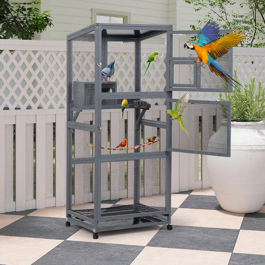 Coziwow 68" H Large Wood Bird Cage on Wheels, Outdoor Bird Aviary Indoor Wooden Large Bird Cage