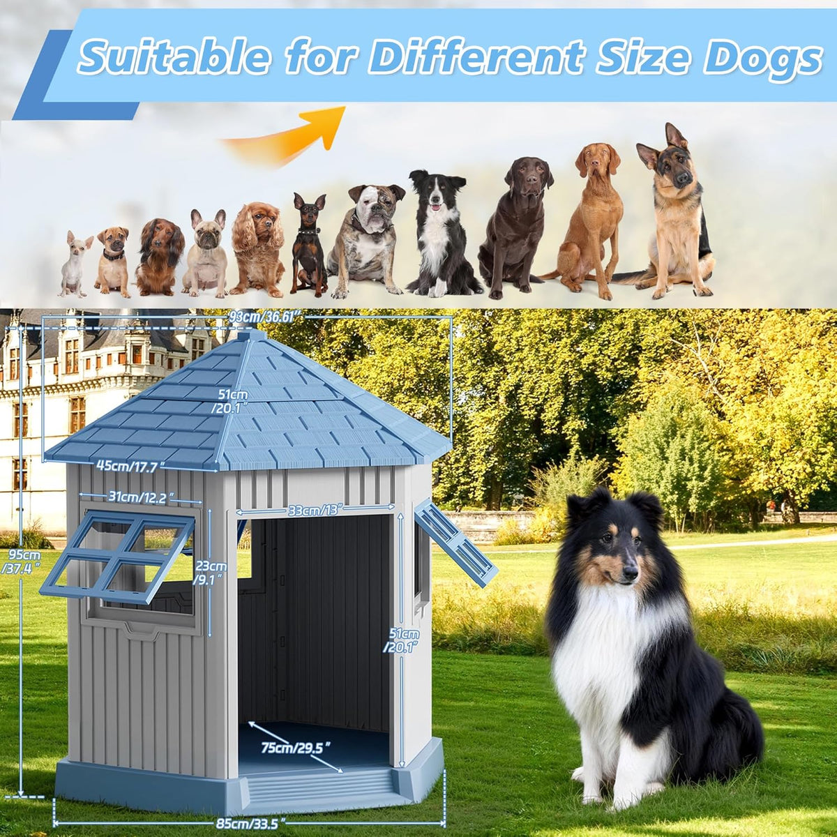 Durable Dog House Indoor Outdoor for Small Medium Dogs, Weatherproof Puppy Shelter with Elevated