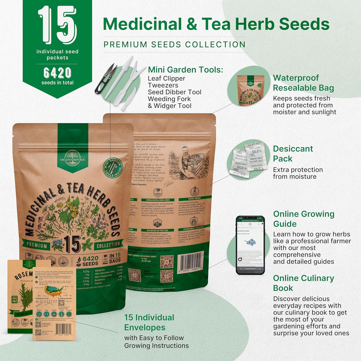 Organo Republic 15 Medicinal & Tea Herb Seeds Variety Pack 6,420+ Non-GMO Heirloom Garden Seeds for