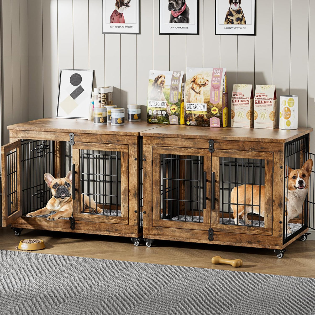 Lulive Dog Crate Furniture Set of 2, Dog Kennel Indoor Double Doors Wooden Dog Cage, 32'' Heavy