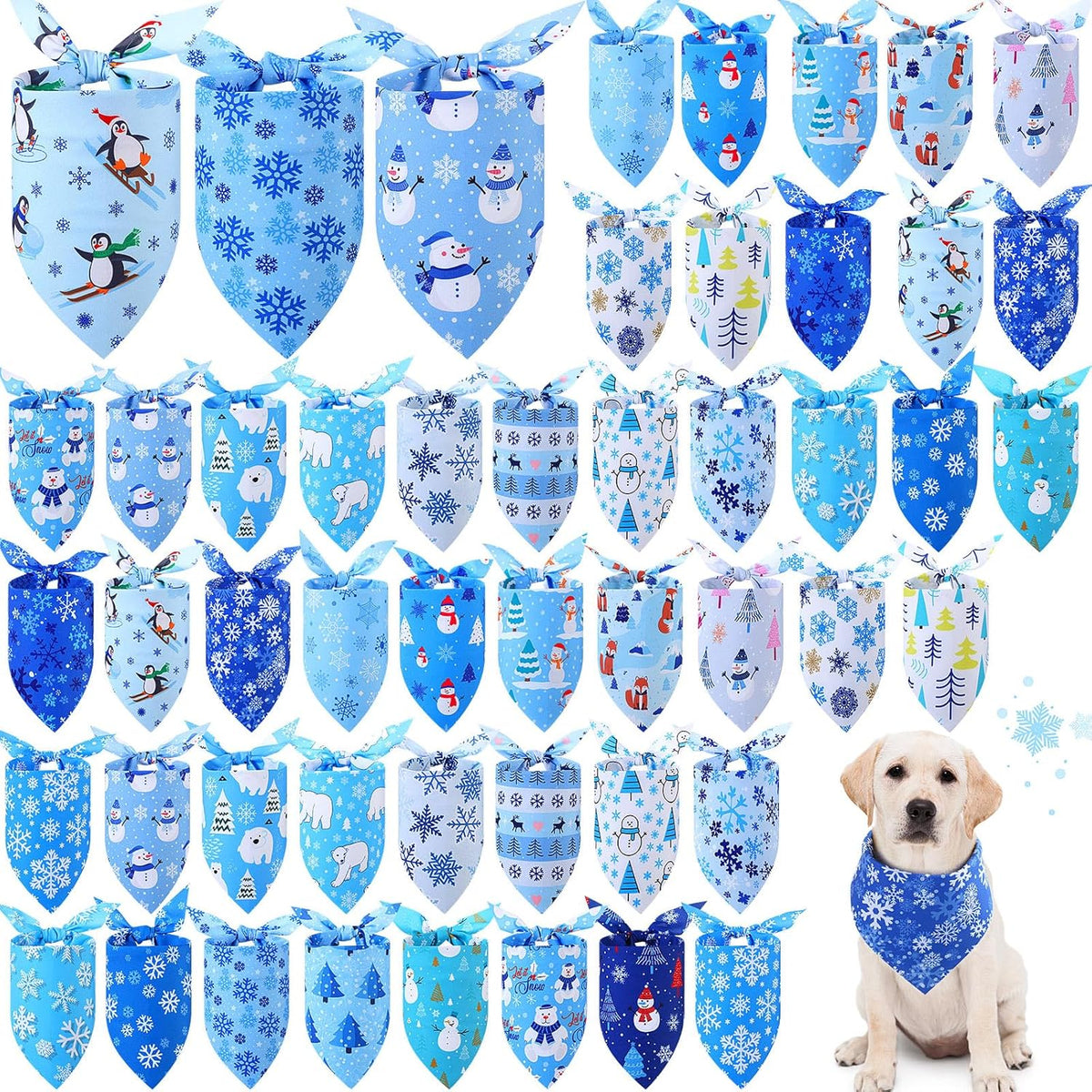 Abbylike 50 Pcs Winter Dog Bandanas Bulk Blue Snowflake Dog Bandanas for Pets Triangle Kerchief