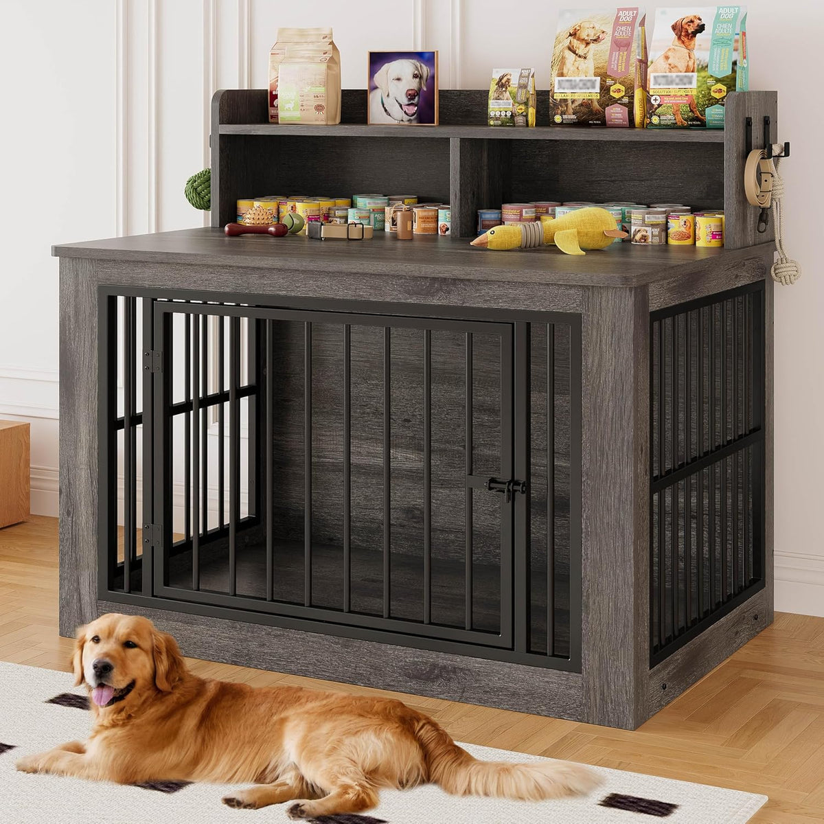 IRONCK Extra Large Dog Crate Furniture, 43.3 inches Wooden Dog Crate with Storage and 4 Hooks