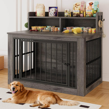 IRONCK Extra Large Dog Crate Furniture, 43.3 inches Wooden Dog Crate with Storage and 4 Hooks