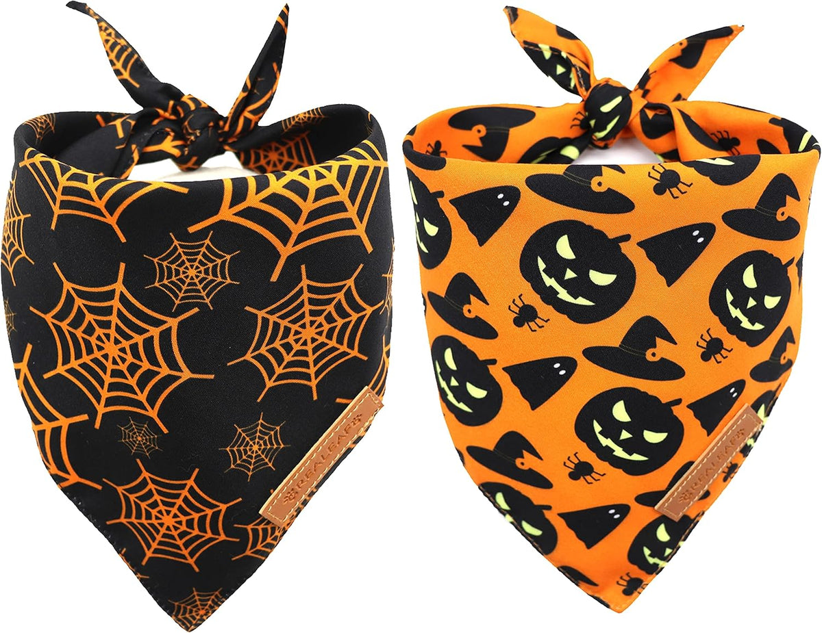 Realeaf Halloween Dog Bandanas 2 Pack, Pumpkin and Spider Web Bibs, Triangle Reversible Fall Pet