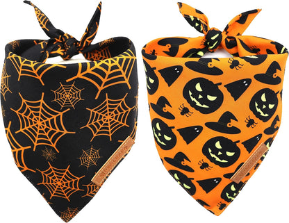 Realeaf Halloween Dog Bandanas 2 Pack, Pumpkin and Spider Web Bibs, Triangle Reversible Fall Pet