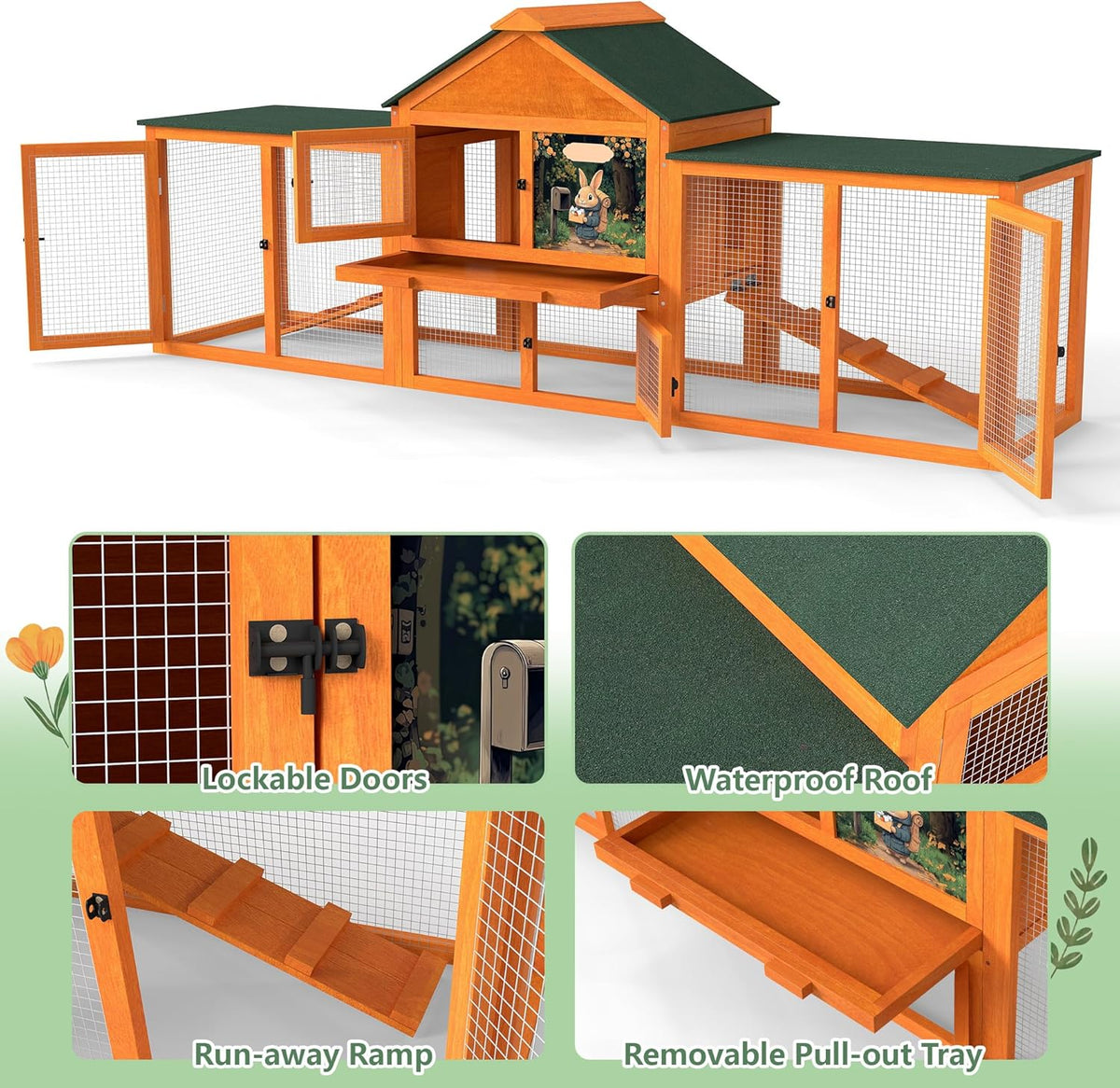 COZIWOW 82” Extra Large Fashion Wooden Outdoor Rabbit Hutch Bunny Cage Indoor Easy to Assemble and