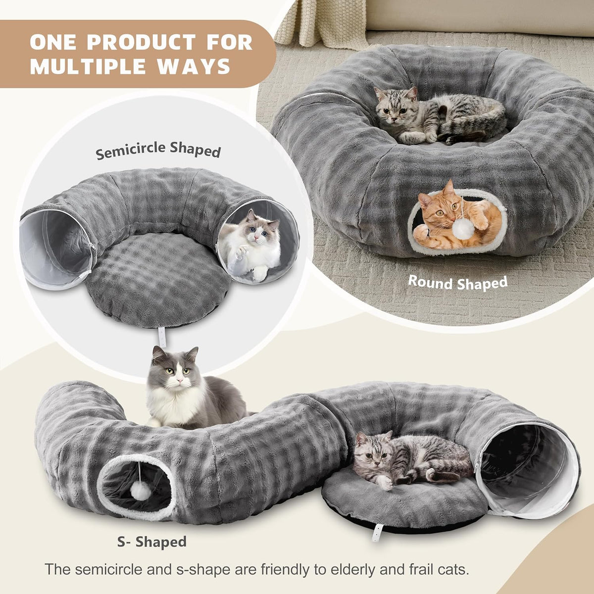 Bubble Cat Tunnel for Indoor Cats, Round Peekaboo Cave Toy with Dangling Balls, Donut Tunnel Bed