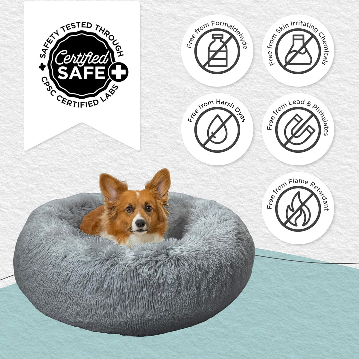 Best Friends by Sheri Original Calming Donut Dog and Cat Bed, Shag Faux Fur, Gray, (23in x 23in)