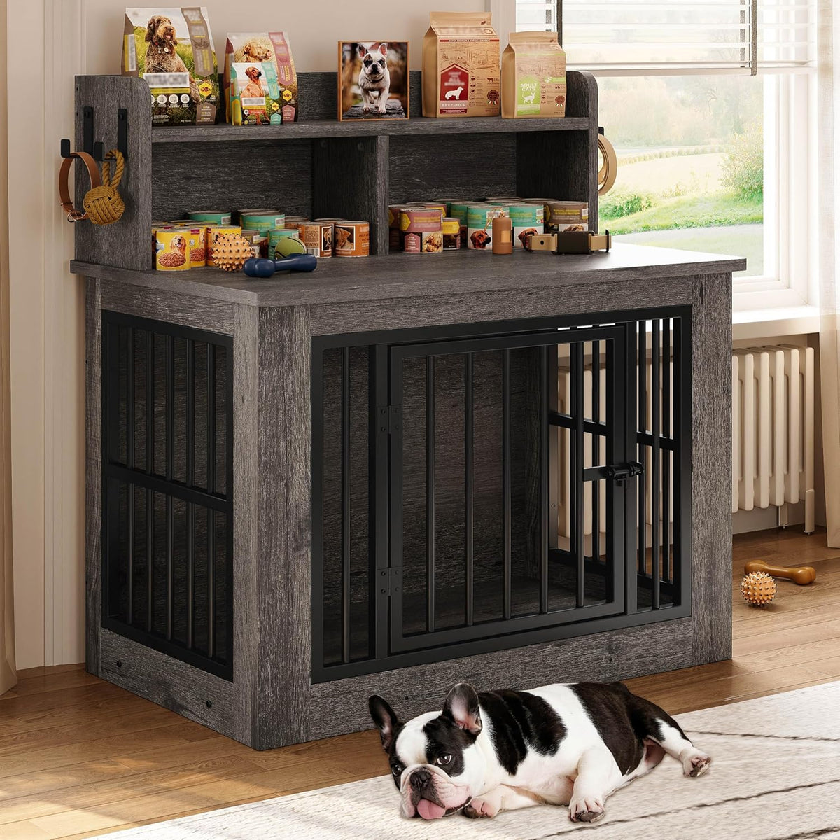IRONCK Dog Crate Furniture, 33.4 inches Wooden Small Dog Crate with Storage and 4 Hooks, Heavy Duty