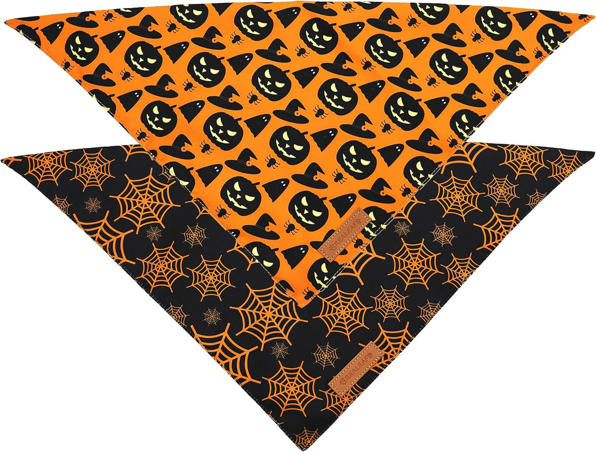 Realeaf Halloween Dog Bandanas 2 Pack, Pumpkin and Spider Web Bibs, Triangle Reversible Fall Pet