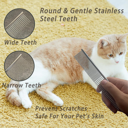 Cat Grooming Brush Kit 6 Tools - Deshedding & Dematting for Long/Short Hair, Self-Cleaning Slicker