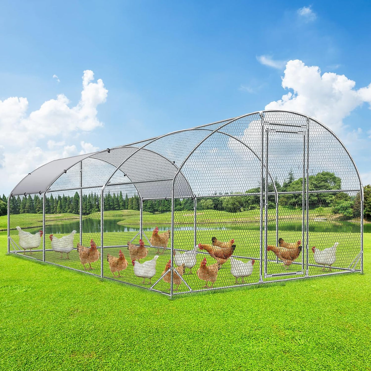 4ever2buy Large Metal Chicken Coop with Run Walk-in Poultry Cage Chicken Runs House Pen Cage Dome
